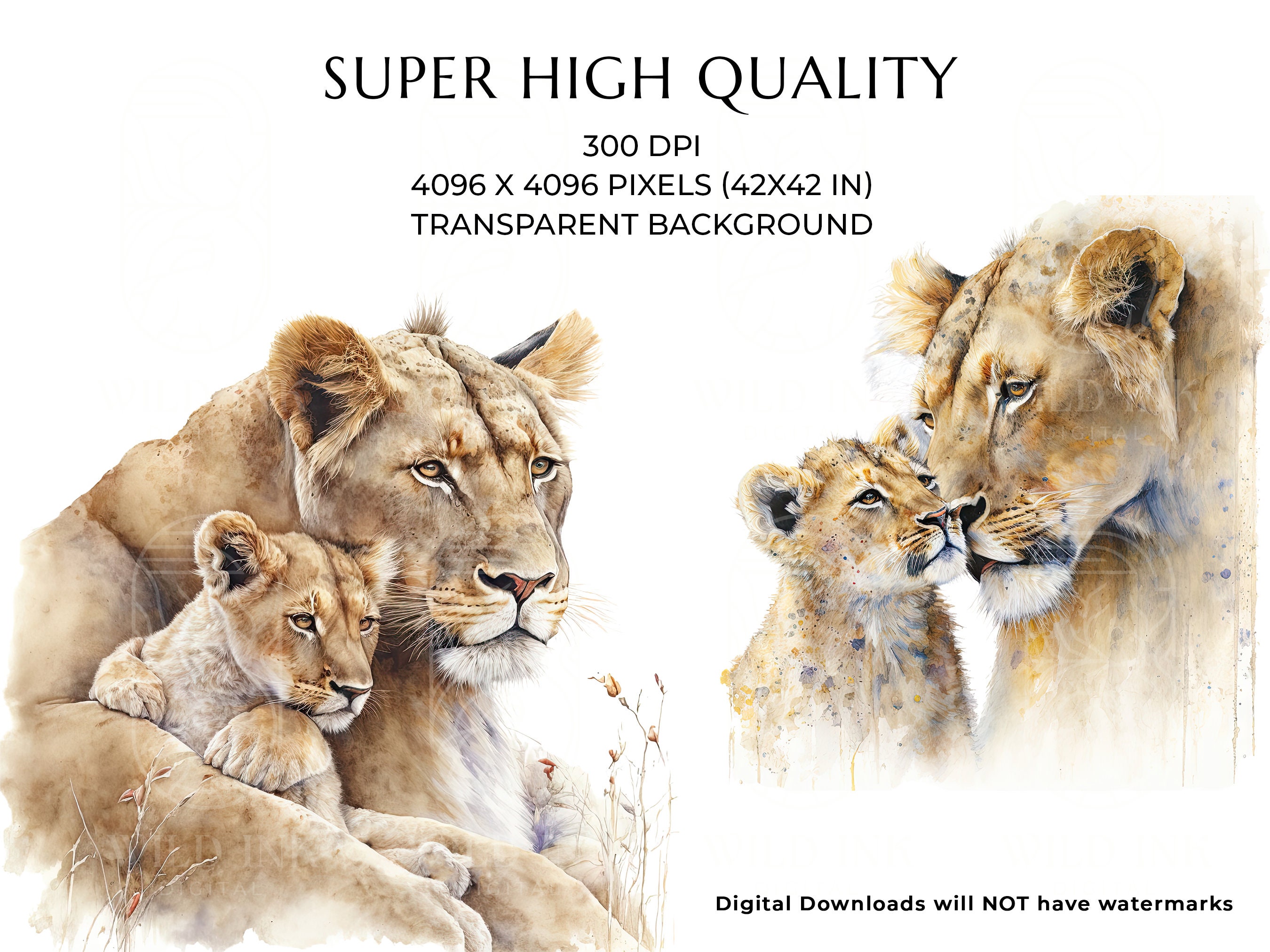 母ライオンと子ライオンの水彩画、サファリ風子供部屋装飾（デジタル