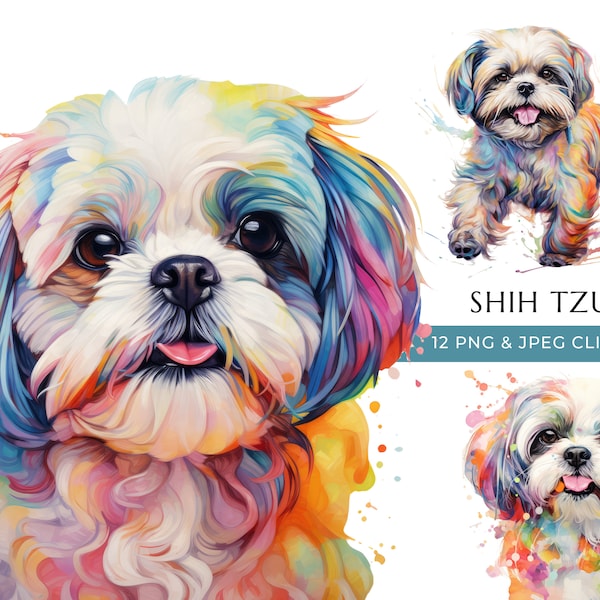 Shih Tzu Dog Clipart - 12 High Quality PNGs & JPEG - Colorful Watercolor Dog - Digital Crafting - Instant Digital Download