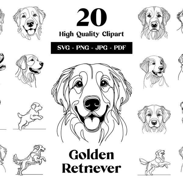 Golden Retriever SVG & PNG Clipart Bundle: Digital Line Art, Minimalist Vector Dog Drawing for Sublimation, Dog Lover, Digital Download