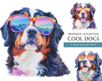 Cool Bernese mountain Dog Clipart, 11 High Quality PNGs, Funny Dogs with sunglasses Watercolor Print, Digital Crafting, Digital Download