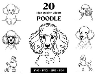 May include: A set of 20 high quality poodle clipart images in black and white line art style. The images are in SVG, PNG, JPG, and PDF formats. The text "20 High Quality Clipart POODLE" is at the top of the image. The text "SVG - PNG - JPG - PDF" is at the bottom of the image.