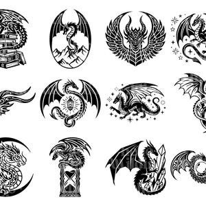 Puede incluir: Una colecci&oacute;n de ilustraciones de dragones en blanco y negro. Los dise&ntilde;os incluyen dragones con alas, posados sobre libros y dentro de varios marcos. Las ilustraciones son detalladas y adecuadas para tatuajes o dise&ntilde;os gr&aacute;ficos.