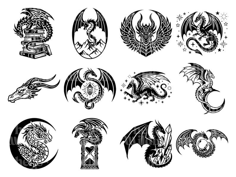 Puede incluir: Una colecci&oacute;n de ilustraciones de dragones en blanco y negro. Los dise&ntilde;os incluyen dragones con alas, posados sobre libros y dentro de varios marcos. Las ilustraciones son detalladas y adecuadas para tatuajes o dise&ntilde;os gr&aacute;ficos.