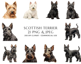 Watercolor Scottish Terrier Clipart Bundle, Dog Mom Gift (Digital Download)