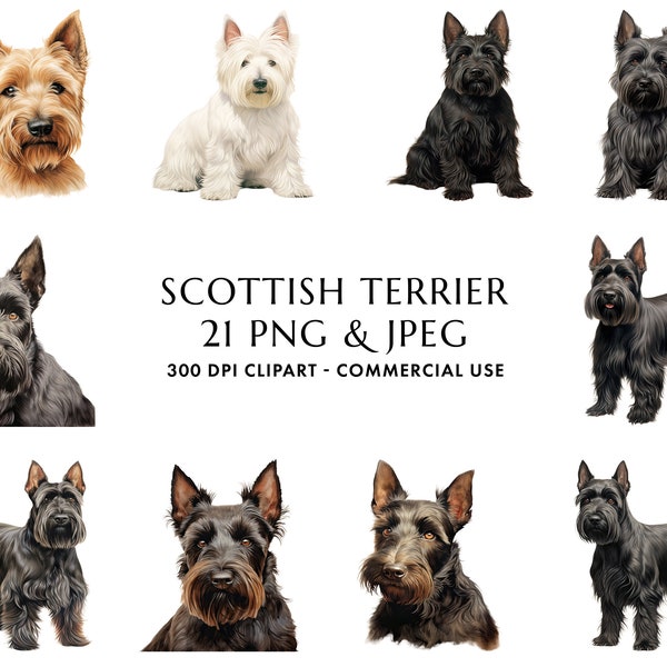 Watercolor Scottish Terrier Clipart Bundle 21 High Quality PNG & JPEG, Scottie Gift for Dog Mom and Dad, Digital Crafting, Digital Download