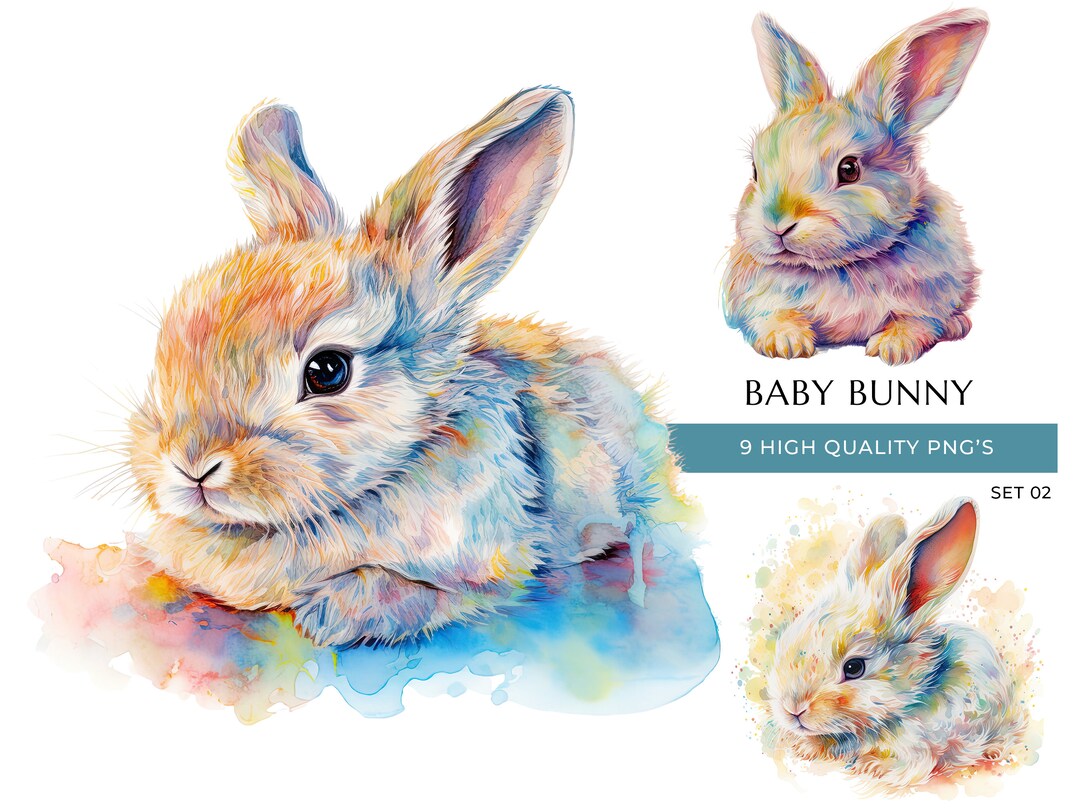 Baby Bunny Colorful Watercolor Clipart 9 Pngs, Cute Easter Art for ...