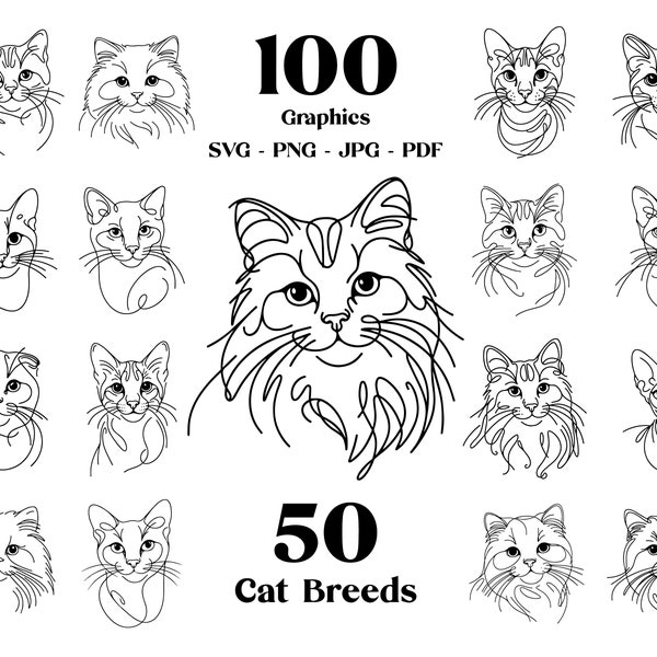 Lot de 100 chats SVG Line Art Clipart : 50 races de chats, chat PNG Clipart, chemise, graphiques vectoriels chaton, sublimation, Cricut, téléchargement numérique