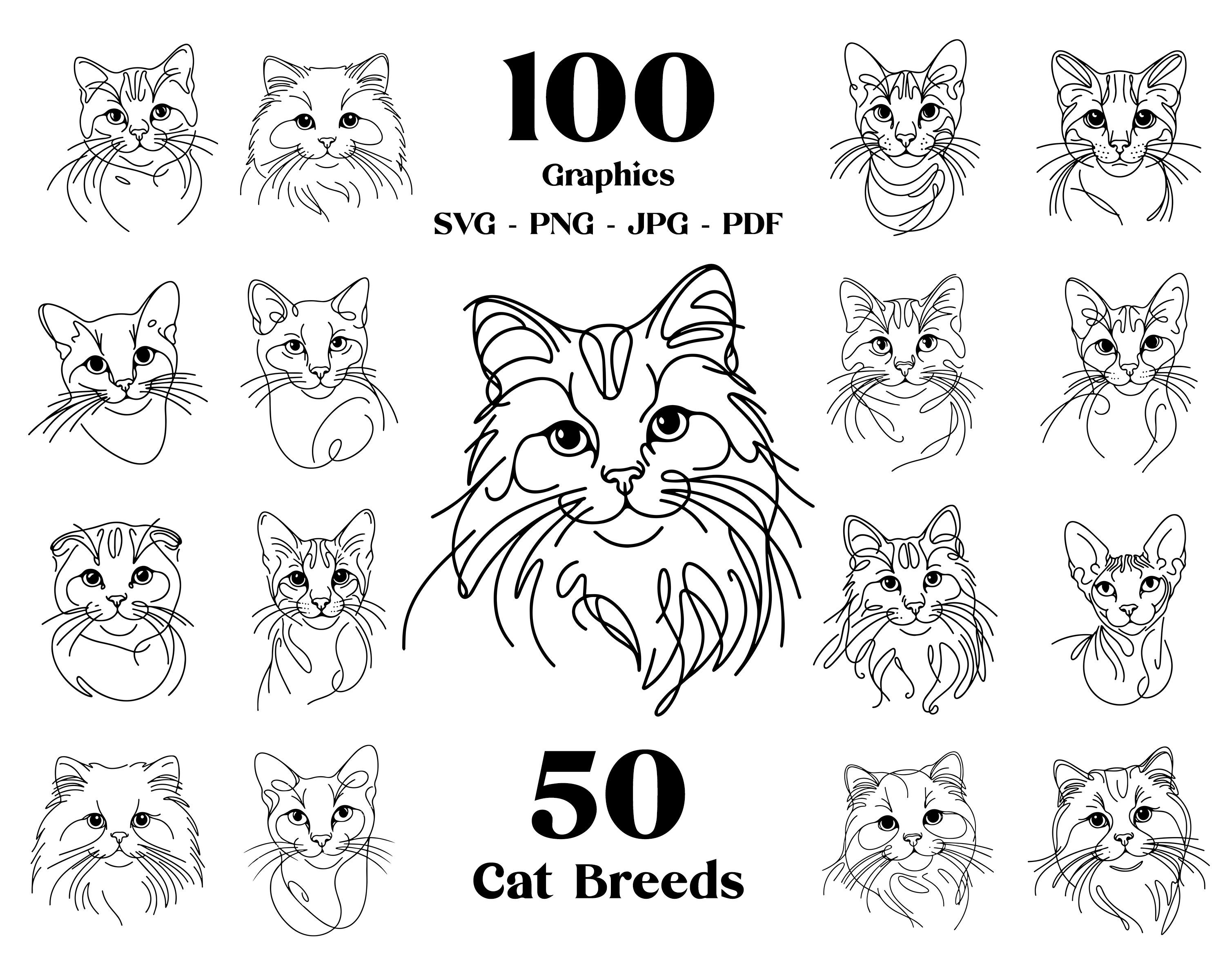 100 Cat Breeds Line Art SVG Clipart Bundle (Digital Download)