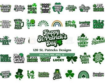 May include: A collection of 120 St. Patricks Day designs in green and white. The designs include text, shamrocks, and rainbows. The text includes phrases like "Happy St. Patrick's Day", "Lucky", "Irish", and "Go Green or Go Home".