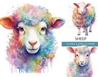 Watercolor Sheep Clipart: Colorful Farm Animal PNG & JPEG (Digital Download)