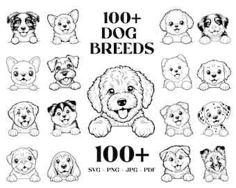 May include: Black and white line art featuring various dog breeds. The image includes the text "100+ DOG BREEDS" and file type options: SVG, PNG, JPG, and PDF. The dogs are depicted with happy expressions.
