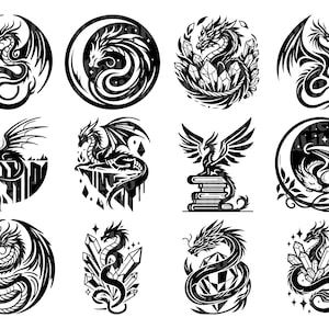 Puede incluir: Una colecci&oacute;n de doce ilustraciones de dragones en blanco y negro. Los dragones se representan en varias poses, algunos con alas extendidas, otros enrollados, y algunos rodeados de cristales o dentro de marcos circulares. Los dise&ntilde;os son detallados y estilizados.