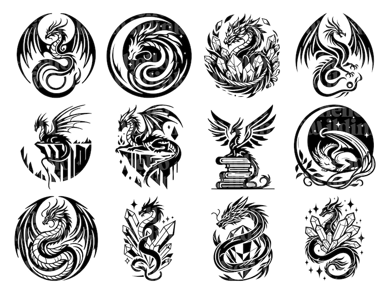 Puede incluir: Una colecci&oacute;n de doce ilustraciones de dragones en blanco y negro. Los dragones se representan en varias poses, algunos con alas extendidas, otros enrollados, y algunos rodeados de cristales o dentro de marcos circulares. Los dise&ntilde;os son detallados y estilizados.