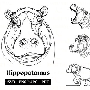 Hipopotam SVG Clipart, Hippo Minimalist Line Art, Logo Animal Vector, Sztuka Nowoczesna, Afrykańska Dzika Przyroda Tatuaż i Projekt Sublimacji