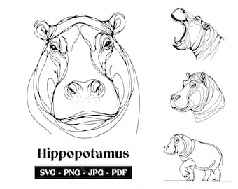 May include: Line art illustration of a hippopotamus in four different poses. The hippopotamus is drawn in a simple, minimalist style. The image includes the text "Hippopotamus" and "SVG - PNG - JPG - PDF".