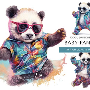 Cool Dancing Baby Panda Clipart, 10 PNG de alta qualidade, animais fofos em aquarela, impressões digitais e projetos criativos, download digital