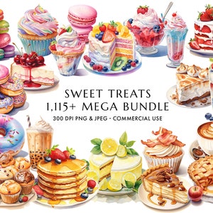 Megabundel zoete lekkernijen 1.115+ hoogwaardige PNG & JPEG, aquarel heerlijke desserts, donuts, ijs, cakes, cupcakes, digitale download
