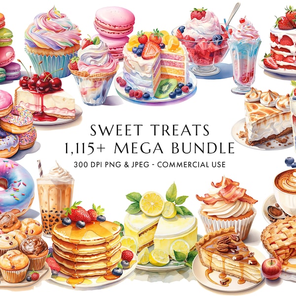 Mega Bundle Sweet Treats 1,115+ High Quality PNG & JPEG, Watercolor Delicious Desserts, Donuts, Ice Cream, Cakes, Cupcakes, Digital Download