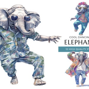 Cool Dancing Elephant Clipart, 12 PNG de alta calidad, divertidos animales de acuarela, impresiones digitales y proyectos creativos, descarga digital