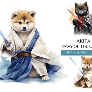 Akita Puppy Clipart 26 High Quality PNG & JPEG, Watercolor Funny Dogs of the Galaxy Prints, Digital Crafting, Digital Download