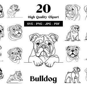 Bulldogge SVG & PNG Clipart Bundle: Digitale Linie Kunst, minimalistische Vektor Hund Zeichnung für Sublimation, Hundeliebhaber, digitaler Download