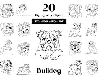 May include: A set of 20 black and white line art illustrations of bulldogs in various poses. The illustrations are high quality and are available in SVG, PNG, JPG, and PDF formats. The text "20 High Quality Clipart" and "SVG - PNG - JPG - PDF" is included in the image. The text "Bulldog" is also included in the image.