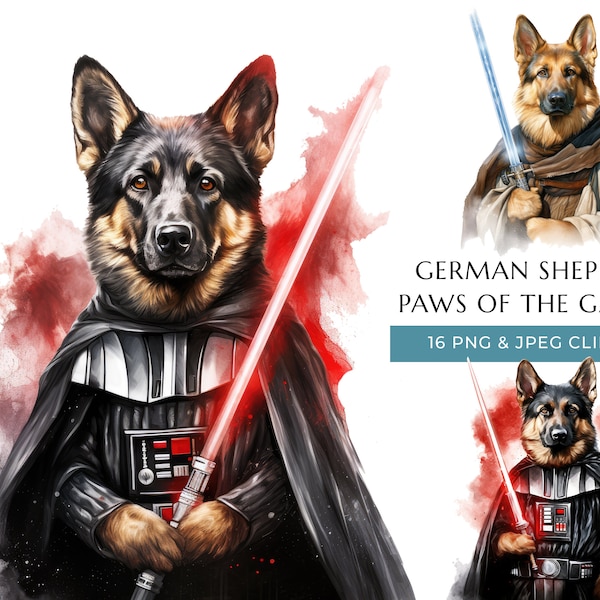 Watercolor German Shepherd Clipart 16 High Quality PNG & JPEG, Funny Dogs of the Galaxy, Gift for Dog Dad and Mom, Digital Download