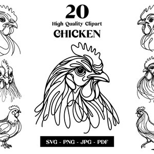 Clipart SVG di pollo, linea arte minimalista, logo animale vettoriale, arte moderna, tatuaggio e design a sublimazione, ricamo, download digitale