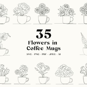35 Blumen & Kaffee SVG-Bundle, Blumen Linie Art Clipart, Blumen PNG, Geburt Mutter Blumen, Gartenarbeit, Vektor-Grafik, digitaler Download
