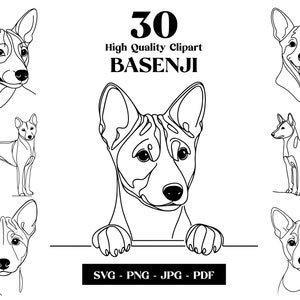 Basenji Hund SVG & PNG Clipart Bundle: Digitale Linie Kunst, minimalistische Vektor Hund Zeichnung für Sublimation, Hundeliebhaber, Welpe digitaler Download