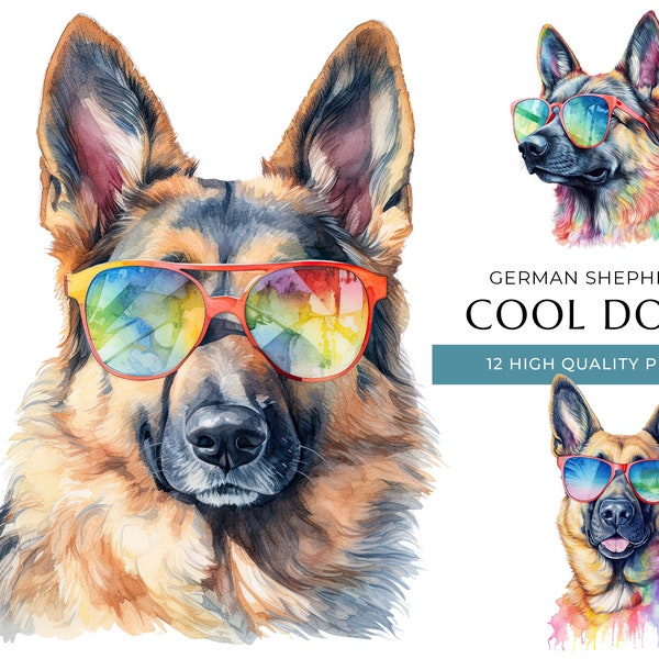 Cool German Shepherd Dog Clipart, 12 High Quality PNGs, Funny Dogs with sunglasses Watercolor Print, Digital Crafting, Digital Download