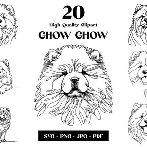 Chow Chow SVG & PNG Clipart Bundle: Arte de línea digital, dibujo de perro vectorial minimalista para sublimación, amante de los perros, descarga digital de cachorros