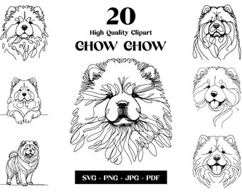 May include: A set of 20 black and white line art illustrations of Chow Chow dogs in various poses. The illustrations are high quality and perfect for use in digital or print projects.  The text "20 High Quality Clipart Chow Chow" is at the top of the image. The text "SVG - PNG - JPG - PDF" is at the bottom of the image.