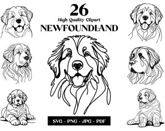 May include: A set of 26 black and white line art illustrations of Newfoundland dogs in various poses. The illustrations are high quality clipart and are available in SVG, PNG, JPG, and PDF formats.