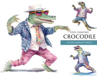 Dancing Crocodile Clipart: 12 Watercolor Animal PNGs (Digital Download)