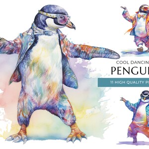 Cool Dancing Penguin Clipart, 11 High Quality PNGs, Funny Watercolor Animals, Digital Prints and Creative Projects, Digital Download