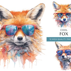 Watercolor Fox Clipart with Sunglasses, 12 High-Quality PNG & JPEG, Cool Woodland Animal Print, Digital Crafting, Digital Download
