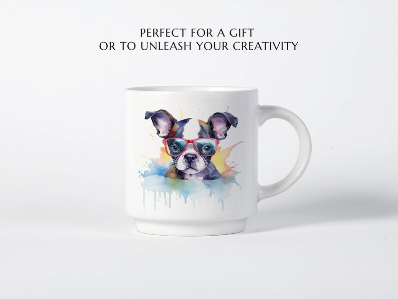 Watercolor Boston Terrier Puppy Clipart, Dog with Sunglasses (Digital Download) image 8