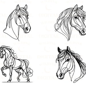 Pu&ograve; includere: Quattro disegni a linea di cavalli. I primi due sono di teste di cavallo, il terzo &egrave; di una testa e collo di cavallo, e il quarto &egrave; di un cavallo a corpo intero.