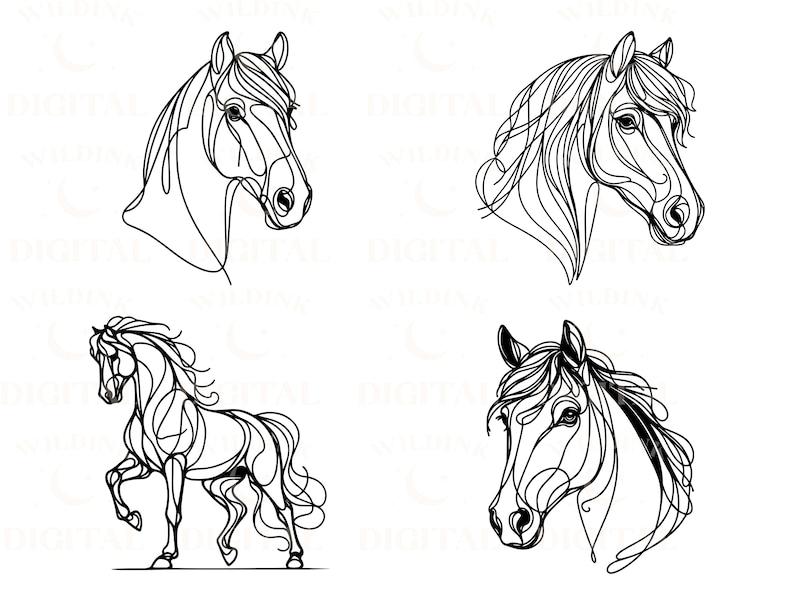 Pu&ograve; includere: Quattro disegni a linea di cavalli. I primi due sono di teste di cavallo, il terzo &egrave; di una testa e collo di cavallo, e il quarto &egrave; di un cavallo a corpo intero.