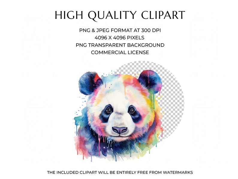 May include: A colorful watercolor painting of a panda bear's face. The panda is painted in shades of blue, green, yellow, orange, and pink. The background is a transparent checkerboard pattern.