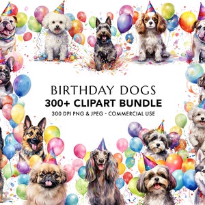 Aquarelle Dog Birthday Party Clipart Bundle 300+ PNG et JPEG de haute qualité, 90 races de chiens, Balloon Party, Téléchargement numérique instantané