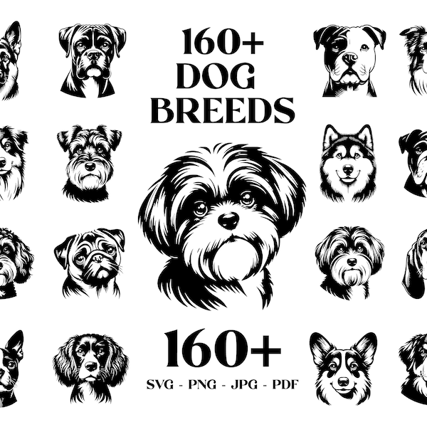 Dog SVG Bundle: 160 Dog Breeds Clipart, Dog Face Clipart, Dog PNG, Vector Design, Cricut Files, Sublimation, Digital Download