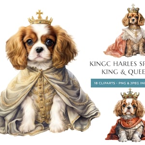 King & Queen King Charles Spaniel Cachorro Acuarela Clipart - 16 PNG y JPEG de alta calidad, Royal Dogs - Descarga digital instantánea