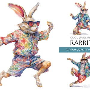 Cool Dancing Rabbit Clipart, 13 High Quality PNGs, Funny Watercolor Bunnies, Digital Prints and Creative Projects, Digital Download
