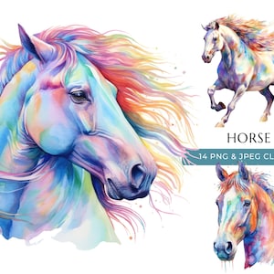 Horse Clipart - 14 High Quality PNGs & JPEG - Colorful Watercolor Farm Animal Print - Digital Crafting - Instant Digital Download