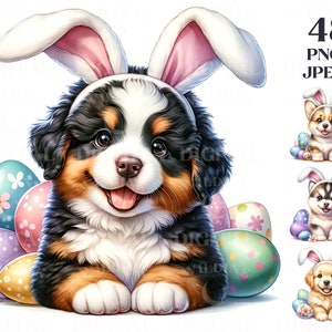 Aquarell Osterhunde Clipart Bundle 48 hohe Qualität PNG & JPEG, 45 Hunderassen, süße Welpen PNG, Hundebündel, Sublimation, digitaler Download