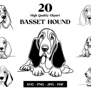 May include: A set of 20 high-quality clipart images of Basset Hounds in black and white line art style. The images are available in SVG, PNG, JPG, and PDF formats.