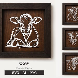 牛のSVGバンドル、6つのミニマリストレーザーカットデザイン、農場の壁アート、xTool用デジタルダウンロード、Glowforge