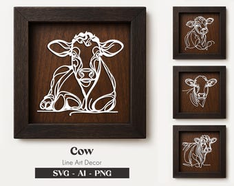 May include: Four framed illustrations of a cow in a line art style. The cow is depicted in white against a brown background. The frames are black with a white mat. The text "Cow Line Art Decor SVG - AI - PNG" is below the frames.